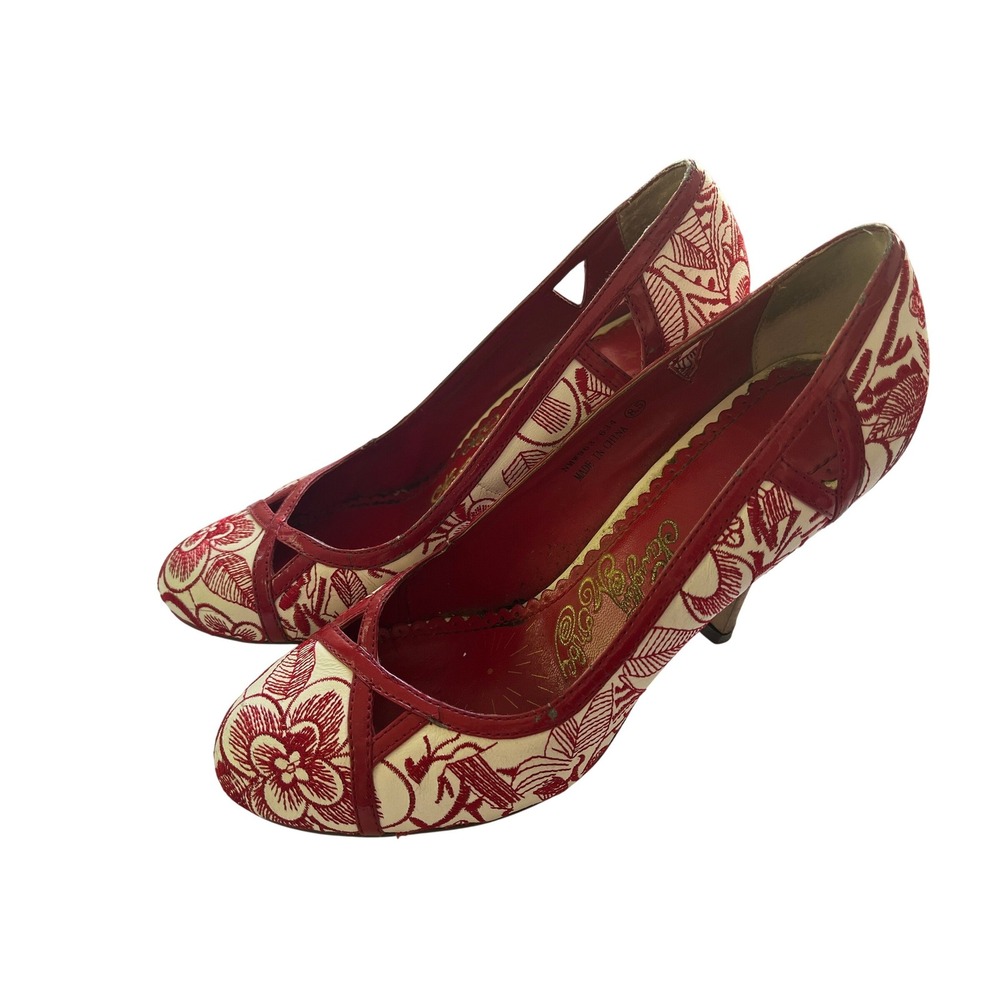 Naughty Monkey Red White Floral Embroidered Cutout Heels Pumps Size 8.5